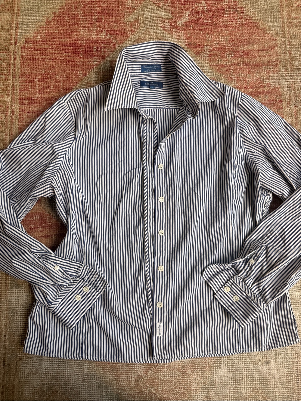 Faconnable Navy and White Striped Button-Front Blouse